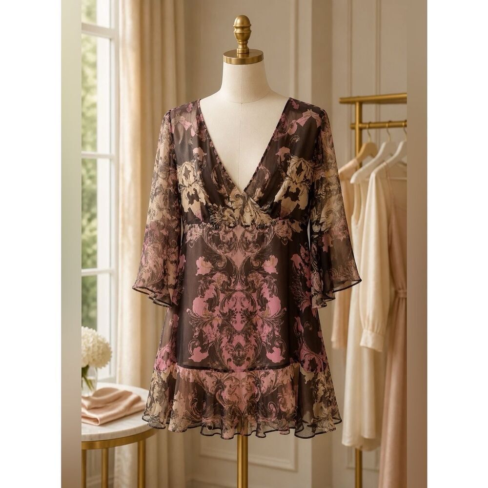 Boston Proper Pink and Taupe Paisley Dress with Bell Sleeves NWOT S-18